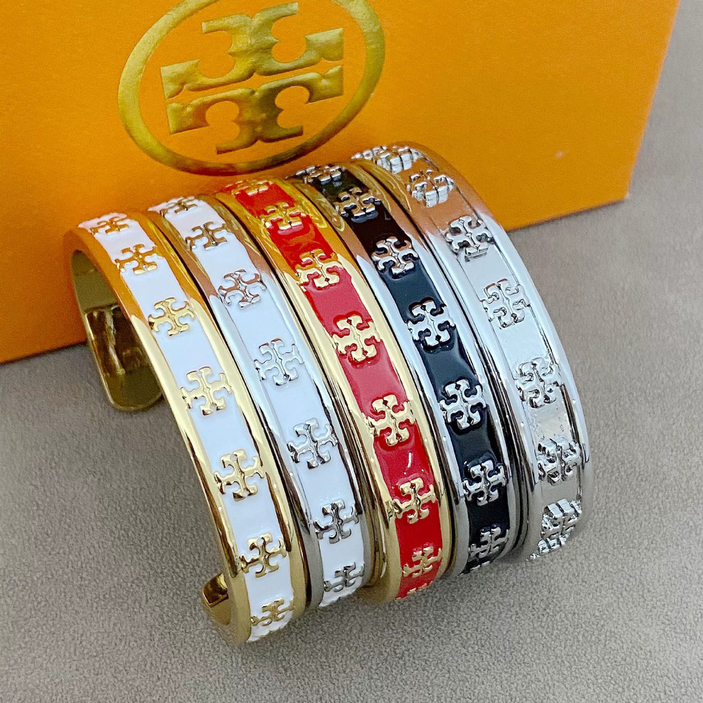Tory Burch Enamel Inlaid Letter Geometric Metal Open Cuff Bracelet